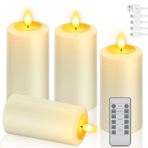 PChero 4er Set LED Kerzen Aufladbar mit Ausblasfunktion, Wiederaufladbare Kerzen Flackernd Elektrisch Stumpenkerzen mit Fernbedienung und Timerfunktion für Zimmer Tisch Halloween Weihnachten Deko von PChero