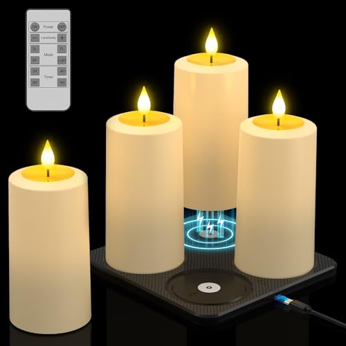 PChero 4er Set LED Kerzen Aufladbar mit Ladestation, Wiederaufladbare Outdoor Wasserdicht Kerzen Flackernd Stumpenkerzen mit Fernbedienung und Timerfunktion für Außen Garten Halloween Deko Weihnachten von PChero
