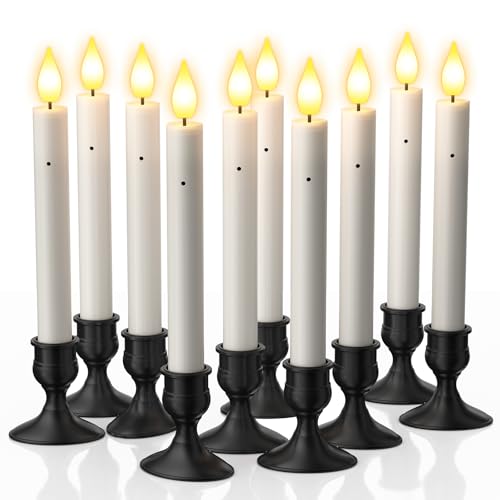 PChero LED Stabkerzen mit Dämmerungssensor und Kerzenhalter, 10er Set Elektrische Flammenlose Kerzen Flackernd mit Dusk to Dawn Lichtsensor für Fenster Kamin Tisch Halloween Deko Weihnachten von PChero