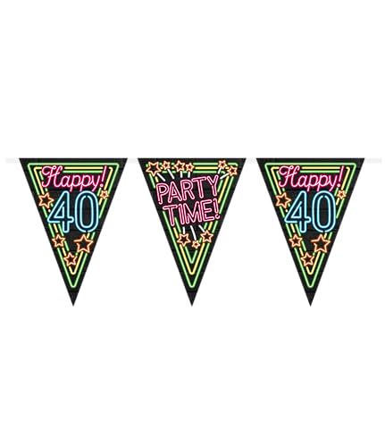 PD-Party 7012906 Neon Party Flaggen Dekoration - Happy 40, Mehrfarbig, Festlich, Partei Zeit, Neon, Bunting, 1000cm Länge X 30cm Breite X 0.1cm Höhe von PD-Party