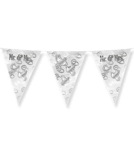 PD-Party 7031044 Foil Bunting - Mr. & Mrs., Silber, Doppelt-Seitige, Dreieckig, Folie Wimpelkette, 1000cm Länge X 30cm Breite X 0.1cm Höhe von PD-Party