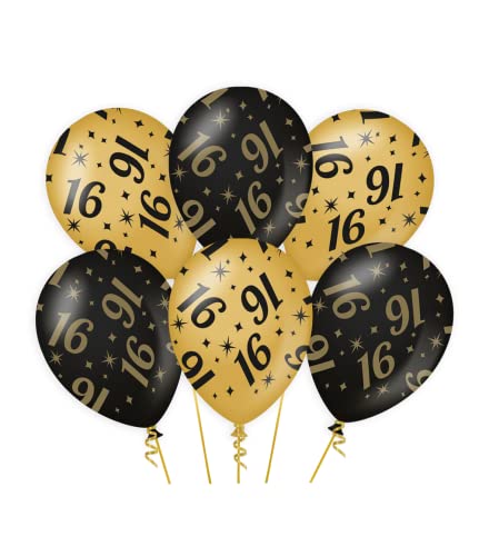 PD-Party 7031301 Classy Party Luftballons | Natürliche Rubber (Latex) | Geburtstag Feier Partei Dekoration - 16, Packung von 6, Gold/Schwarz, 30cm Länge x 30cm Breite x 30cm Höhe von PD-Party