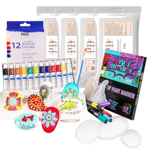 XXL Gießpulver Starterset Stein, Steine bemalen Set für Erwachsene & Kinder, Bastelset für die Familie, mit Gibsformen zum gießen, Acrylfarbenstifte für Stein, Keramik, Holz, Porzellan, Kieselsteine von PD mach's selbst PAUL & DANIELA