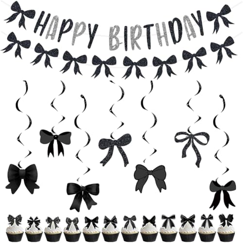 Schwarze Schleife Geburtstag Dekorationen, Happy Birthday Banner und Schleife Hängende Wirbel Set für Frauen Mädchen Party Dekorationen Baby Shower Schwarz Geburtstag Dekorationen Schwarze Schleife Geburtstag Dekorationen, Happy Birthday Banner und Schleife Hängende Wirbel Set für Frauen Mädchen Party Dekorationen Baby Shower Schwarz Geburtstag Dekorationen von PDSQL