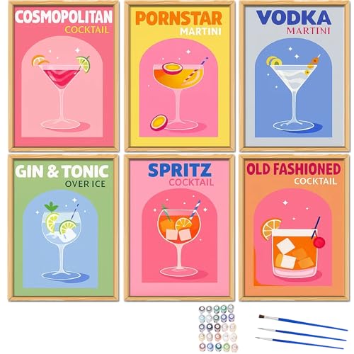 PDirat Malen nach Zahlen Cocktail, 6 Stück DIY Malen nach Zahlen für Erwachsene, Kreatives Set zur Entspannung und Dekoration, 20 cm x 15 cm von PDirat