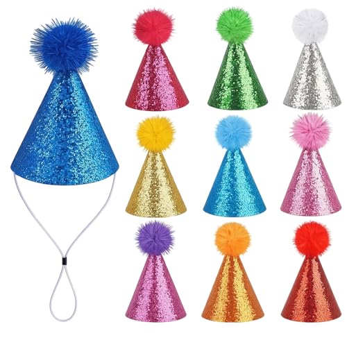 PDirat Partyhüte Für Kuscheltiere, 10 Stück Mini Partyhüte, Bunte Farben Für Kindergeburtstag Und Feste, Verstellbare Elastische Schnur, Ideal Für Haustier-Partys von PDirat