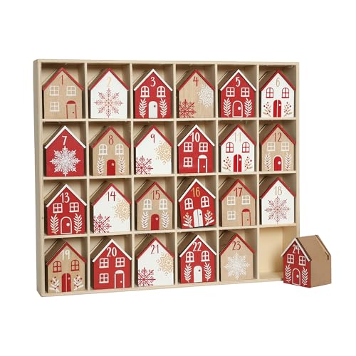 PE Weihnachts Adventskalender aus Holz mit 24 Kalenderhäuschen zum Befüllen mit kleinen Geschenken, Weihnachts-Tischdekoration von PE