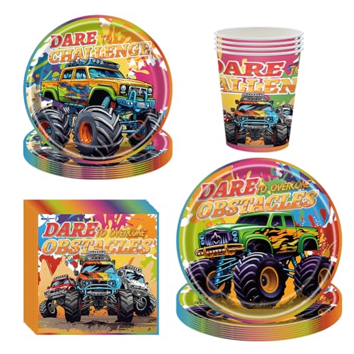 Cartoon Truck Partygeschirr, Truck birthday Geschirr Set， Truck Kinder birthday Supplies，Geschirr zum Thema Geländewagen, 68PCS von PEAJPBS