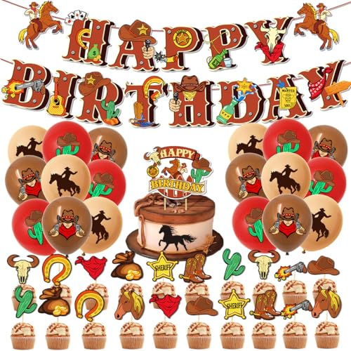 Western Cowboy Party Dekorationen Set, Cowboy Thema Geburtstag Party Zubehör mit Happy Birthday Banner Toppers Pferd Ballonsfür Kinder Jungen Erwachsene Geburtstag von PEAJPBS