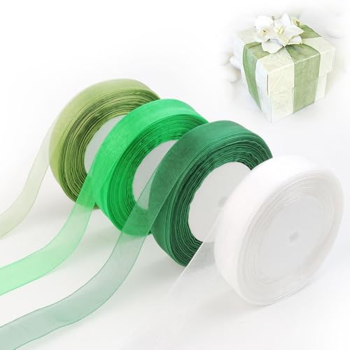 4 Rollen 45m Organzaband, 2cm Breit Geschenkband Organza, Transparente Organza Bänder, Organzaband Schleifenband Chiffonbänder Set Für Handgemachtes Heimwerken Geschenkverpackung(Weiß Grün) von PEAKTOP
