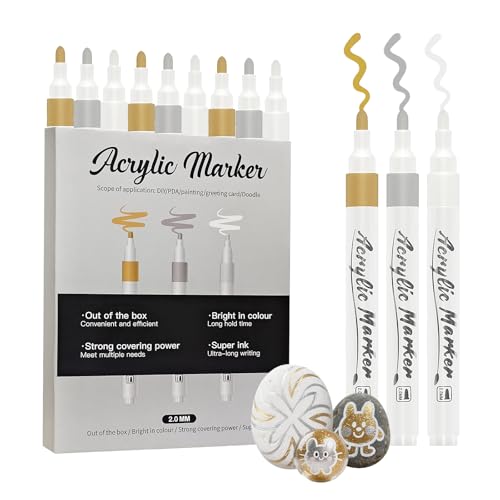 PEAKTOP 9PCS Acrylstifte Gold Silber Weiß, 2mm Tip Acrylstifte Metallic Marker Stifte, Permanente Metallic Glitter Markers Wasserfest Für DIY Fotoalbum, Keramik, Glas, Malsteinen, Holz, Leinwand PEAKTOP 9PCS Acrylstifte Gold Silber Weiß, 2mm Tip Acrylstifte Metallic Marker Stifte, Permanente Metallic Glitter Markers Wasserfest Für DIY Fotoalbum, Keramik, Glas, Malsteinen, Holz, Leinwand von PEAKTOP