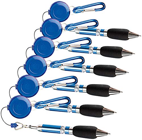 PEARL Kugelschreiber: 6er-Set Pen-Rewinder mit Karabiner-Haken und Gürtelclip, 60 cm Leine (Kugelschreiber mit Aufrollern, mit Rewindern, Schlüsselanhänger) von PEARL