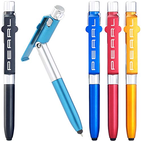 PEARL Kugelschreiber mit Licht: 4in1-Kugelschreiber mit LED-Lampe, Touchpen und Handy-Ständer, 5er-Set (Stift mit Lampe, Kugelschreiber mit LED Licht, Tablet Tasche) von PEARL