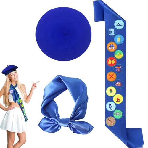 PEARLUTO Pfadfinder-Rollenspiel-Set, Pfadfinder Schärpe Satz, Pfadfinder Kostüm, Pfadfinder Abzeichen Button, Bestickter Aufnäher Mit Satin-Schärpe, Party-Dekorationen, Diy-Zubehör (Blau) von PEARLUTO