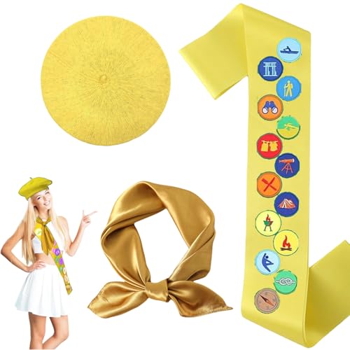 PEARLUTO Pfadfinder-Rollenspiel-Set, Pfadfinder Schärpe Satz, Pfadfinder Kostüm, Pfadfinder Abzeichen Button, Bestickter Aufnäher Mit Satin-Schärpe, Party-Dekorationen, Diy-Zubehör (Gelb) von PEARLUTO