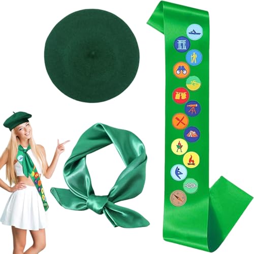 PEARLUTO Pfadfinder-Rollenspiel-Set, Pfadfinder Schärpe Satz, Pfadfinder Kostüm, Pfadfinder Abzeichen Button, Bestickter Aufnäher Mit Satin-Schärpe, Party-Dekorationen, Diy-Zubehör (Grün) von PEARLUTO