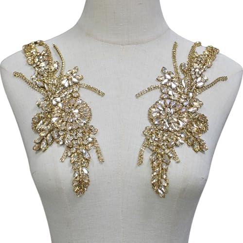 PEARLY JUN 1 Paar Strass Perlen Applikation Patches Silber Weiß Handgefertigte Kleidung Diamant DIY für Abendkleider Brautkleider Tanzkostüme Verzierungen (Gold Gelb 184) von PEARLY JUN
