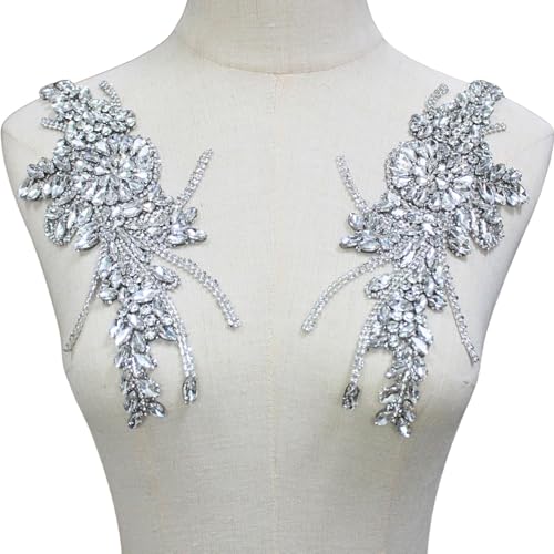 PEARLY JUN 1 Paar Strass Perlen Applikation Patches Silber Weiß Handgefertigte Kleidung Diamant DIY für Abendkleider Brautkleider Tanzkostüme Verzierungen (Silber Weiß 184) von PEARLY JUN