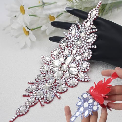 PEARLY JUN 1 x Strass-Applikation, silber-weiß, Kristall-Flicken, selbstklebend, zum Aufbügeln, für Kleidung, Diamant-Verzierungen für Brautschmuck, Hochzeit, DIY, Kleid, Stoffzubehör von PEARLY JUN