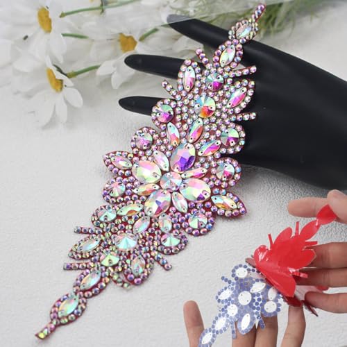 PEARLY JUN 1 x Strass-Applikation, silberfarben, AB-Kristall-Patch, selbstklebend, zum Aufbügeln, für Kleidung, Diamant-Verzierungen für Brautschmuck, Hochzeit, DIY, Kleid, Stoffzubehör von PEARLY JUN