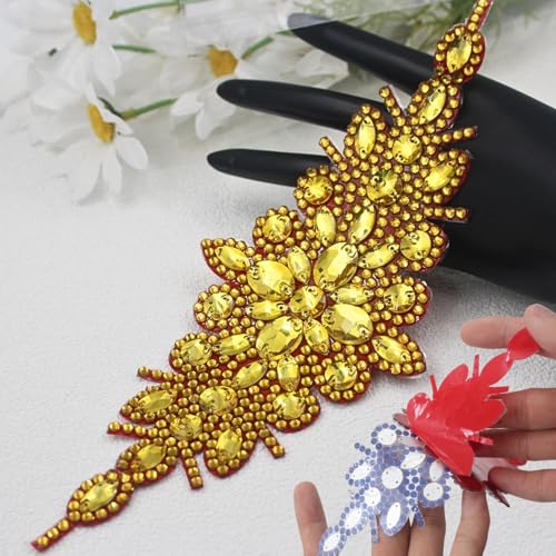 PEARLY JUN 1 x goldene Strassapplikation, gelbe Kristall-Aufnäher, selbstklebend, zum Aufbügeln auf Kleidung, Diamant-Verzierungen für Brautschmuck, Hochzeit, DIY, Kleid, Stoffzubehör von PEARLY JUN