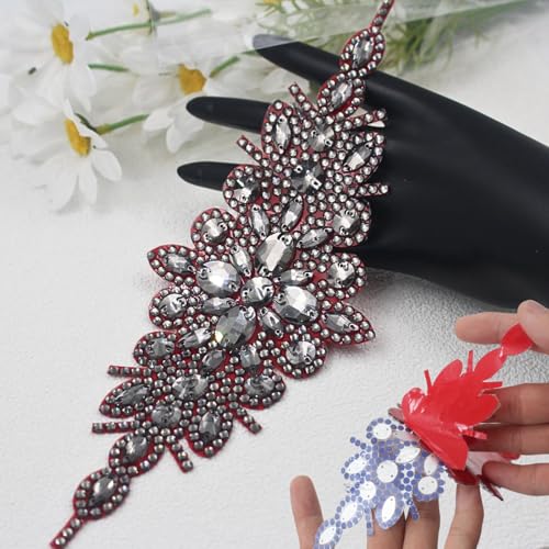 PEARLY JUN 1 x schwarze Strass-Applikation, selbstklebende Kristall-Flicken, zum Aufbügeln auf Kleidung, Diamant-Verzierungen für Braut, Hochzeit, DIY, Kleid, Stoffzubehör von PEARLY JUN