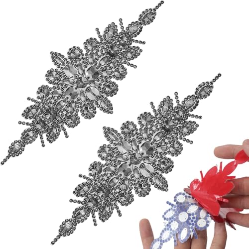 PEARLY JUN 2 Stück Strass-Applikation, schwarze Kristall-Aufnäher, selbstklebend, zum Aufbügeln, für Kleidung, Diamant-Verzierungen für Brautschmuck, Hochzeit, DIY, Kleid, Stoffzubehör von PEARLY JUN