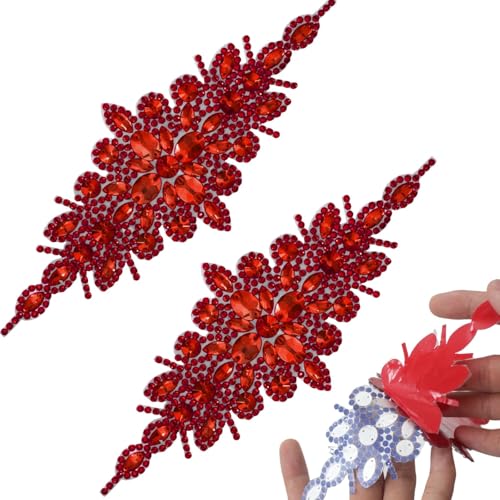 PEARLY JUN 2 Stück rote Strass-Applikationen, Kristall-Aufnäher, selbstklebend, zum Aufbügeln, für Kleidung, Diamant-Verzierungen für Brautschmuck, Hochzeit, DIY, Kleid, Stoffzubehör von PEARLY JUN