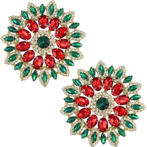 PEARLY JUN Strass-Applikation, silber-weiße Blume, Kristall-Flicken, Verzierungen für Kleidung, Diamant-Verzierungen für Braut, Hochzeit, DIY, Kleider, Stoffzubehör (Rot, Grün, Gold, 2 Stück) von PEARLY JUN