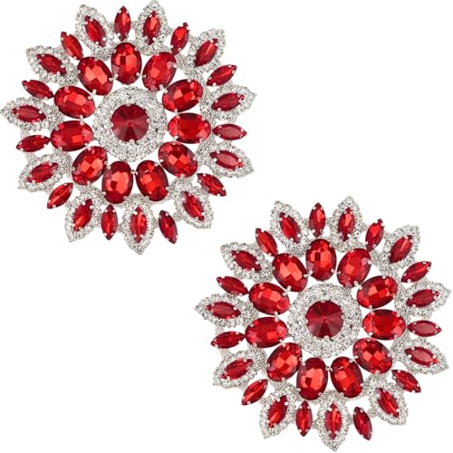 PEARLY JUN Strass-Applikation, silber-weiße Blume, Kristall-Flicken, Verzierungen für Kleidung, Diamant-Verzierungen für Braut, Hochzeit, DIY, Kleider, Stoffzubehör (Rot Silber, 2 Stück) von PEARLY JUN