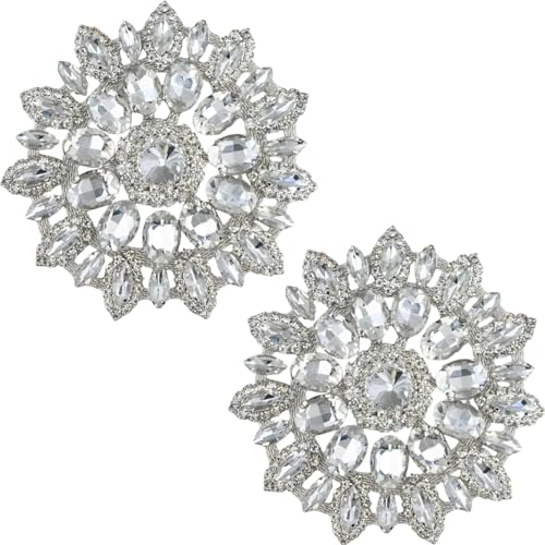 PEARLY JUN Strass-Applikation, silber-weiße Blume, Kristall-Flicken, Verzierungen für Kleidung, Diamant-Verzierungen für Braut, Hochzeit, DIY, Kleider, Stoffzubehör (Silber-Weiß, 2 Stück) von PEARLY JUN