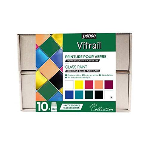 Pébéo Vitrail Collection Box - Glasmalerei Set - 10 x 45 ml Flaschen Verschiedene Glasmalfarben + 2 x 20 ml Tuben Konturpaste, Malzubehör, Kreativer Ratgeber Pébéo Vitrail Collection Box - Glasmalerei Set - 10 x 45 ml Flaschen Verschiedene Glasmalfarben + 2 x 20 ml Tuben Konturpaste, Malzubehör, Kreativer Ratgeber von PEBEO