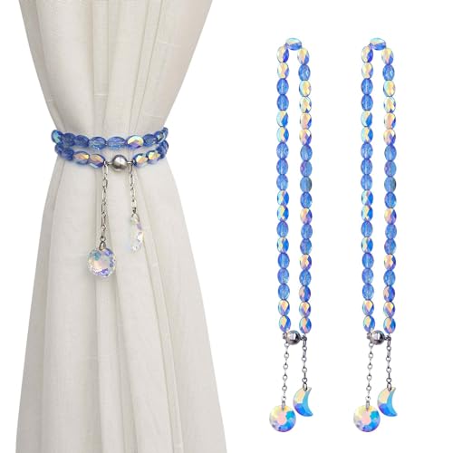 PEDOBO Magnetische Vorhang-Raffhalter, 2 Stück, Kristallperlen, Sonne und Mond, Anhänger, durchscheinend/Vorhänge, Raffhalter für Fenster, Zuhause, Büro, Dekoration (blau) von PEDOBO