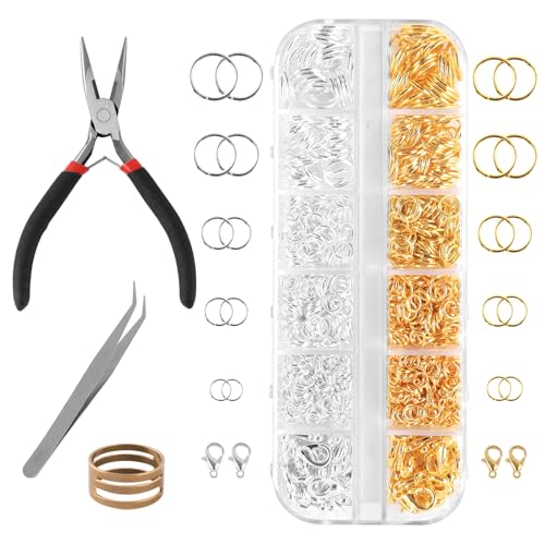 Kettenverschluss Set, 1200 Stück Offener Biegeringe und Karabinerverschlüsse mit Edelstahl Zange Pinzette Sprungringöffner für DIY Halskette, Armband, Fußkettchen Schmuckherstellung(Gold Und Silber) Kettenverschluss Set, 1200 Stück Offener Biegeringe und Karabinerverschlüsse mit Edelstahl Zange Pinzette Sprungringöffner für DIY Halskette, Armband, Fußkettchen Schmuckherstellung(Gold Und Silber) von PEGRAUFC