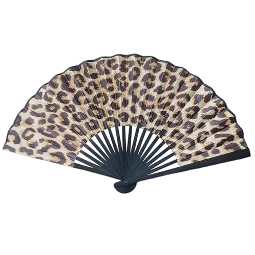 Lebendig Gemusterter Faltfächer - Designs Gradient Dots/Peacock Feather/Rainbow/Skull Art Handheld Dekorative Fans Mit Schwarzem Rahmen, 23cm/9.05 in Accessoire (Leopard) von PEIHUODAN