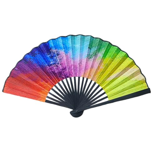 Lebendig Gemusterter Faltfächer - Designs Gradient Dots/Peacock Feather/Rainbow/Skull Art Handheld Dekorative Fans Mit Schwarzem Rahmen, 23cm/9.05 in Accessoire (Multicolour) von PEIHUODAN