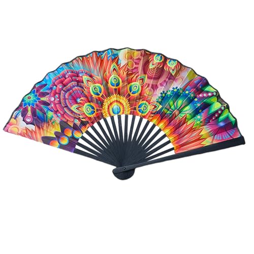 Lebendig Gemusterter Faltfächer - Designs Gradient Dots/Peacock Feather/Rainbow/Skull Art Handheld Dekorative Fans Mit Schwarzem Rahmen, 23cm/9.05 in Accessoire (Multicolour 2) von PEIHUODAN