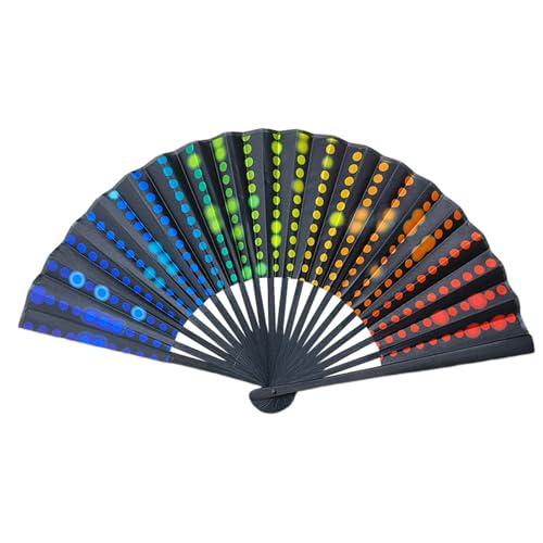 Lebendig Gemusterter Faltfächer - Designs Gradient Dots/Peacock Feather/Rainbow/Skull Art Handheld Dekorative Fans Mit Schwarzem Rahmen, 23cm/9.05 in Accessoire (Multicolour 3) von PEIHUODAN