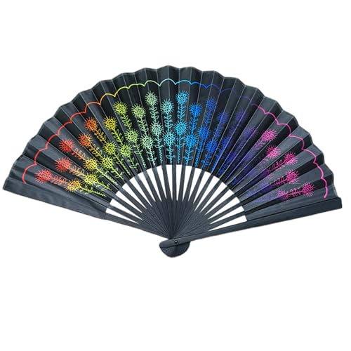 Lebendig Gemusterter Faltfächer - Designs Gradient Dots/Peacock Feather/Rainbow/Skull Art Handheld Dekorative Fans Mit Schwarzem Rahmen, 23cm/9.05 in Accessoire (Multicolour 4) von PEIHUODAN