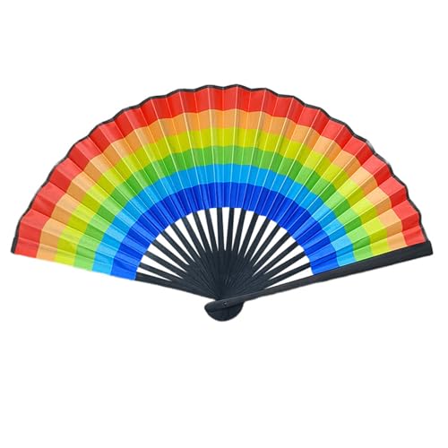 Lebendig Gemusterter Faltfächer - Designs Gradient Dots/Peacock Feather/Rainbow/Skull Art Handheld Dekorative Fans Mit Schwarzem Rahmen, 23cm/9.05 in Accessoire (Rainbow) von PEIHUODAN