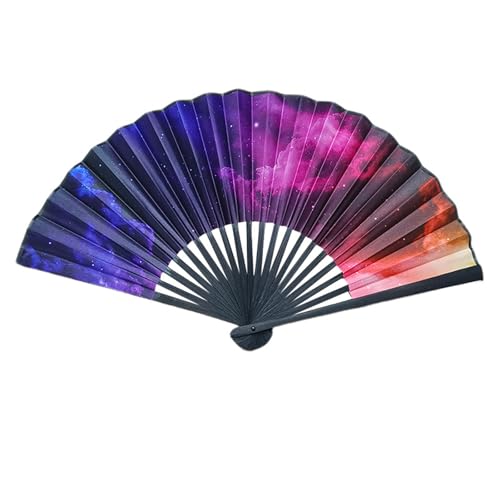 Lebendig Gemusterter Faltfächer - Designs Gradient Dots/Peacock Feather/Rainbow/Skull Art Handheld Dekorative Fans Mit Schwarzem Rahmen, 23cm/9.05 in Accessoire (Starry Sky) von PEIHUODAN