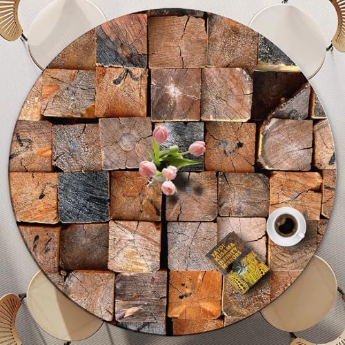 Runde Tischdecke Für Den Außenbereich Mit Elastischem Rand – 3D-Holzmaserung, Polyester, Flecken- Und Wasserfest – Passend Für Runde Tische – Waschbar Für Garten Und Esszimmer (Print 7,60cm) von PEIHUODAN