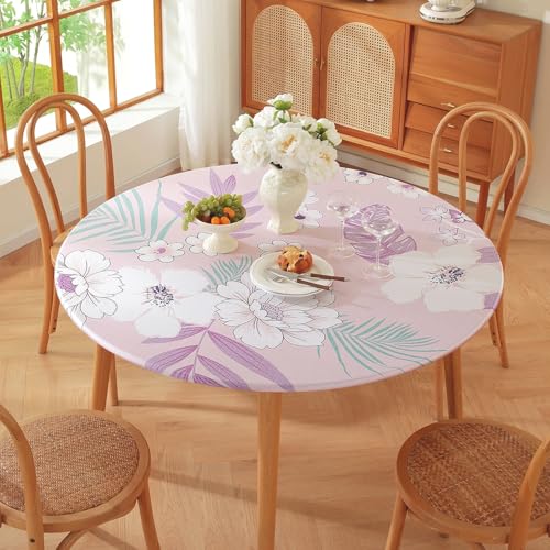 Runde Tischdecke für den Außenbereich – Elastische Kanten – Geometrischer Bohemian-Blumendruck – Kleine wasserdichte runde Tischdecke für Garten Esszimmer (Print 10,60cm) von PEIHUODAN