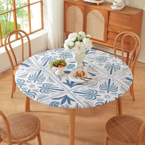 Runde Tischdecke für den Außenbereich – Elastische Kanten – Geometrischer Bohemian-Blumendruck – Kleine wasserdichte runde Tischdecke für Garten Esszimmer (Print 11,80cm) von PEIHUODAN