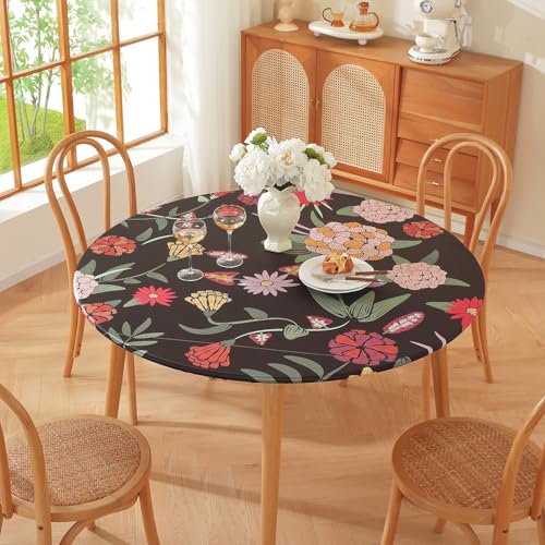 Runde Tischdecke für den Außenbereich – Elastische Kanten – Geometrischer Bohemian-Blumendruck – Kleine wasserdichte runde Tischdecke für Garten Esszimmer (Print 13,70cm) von PEIHUODAN