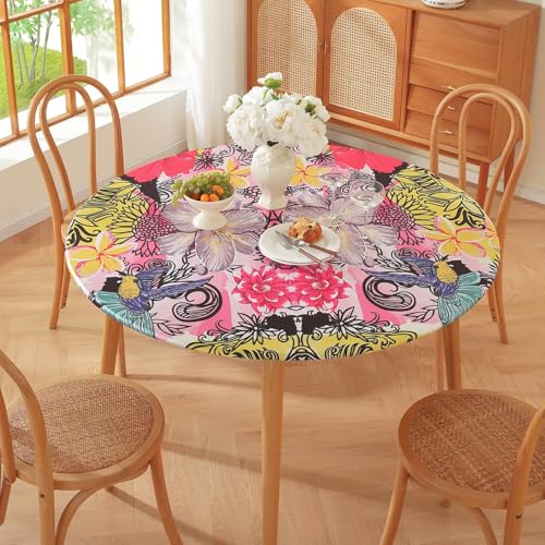 Runde Tischdecke für den Außenbereich – Elastische Kanten – Geometrischer Bohemian-Blumendruck – Kleine wasserdichte runde Tischdecke für Garten Esszimmer (Print 14,100cm) von PEIHUODAN