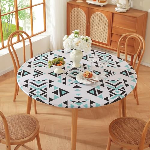 Runde Tischdecke für den Außenbereich – Elastische Kanten – Geometrischer Bohemian-Blumendruck – Kleine wasserdichte runde Tischdecke für Garten Esszimmer (Print 3,70cm) von PEIHUODAN