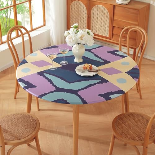 Runde Tischdecke für den Außenbereich – Elastische Kanten – Geometrischer Bohemian-Blumendruck – Kleine wasserdichte runde Tischdecke für Garten Esszimmer (Print 4,70cm) von PEIHUODAN