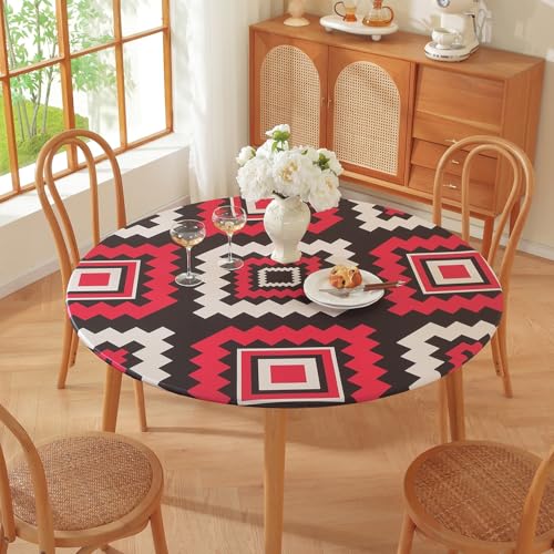 Runde Tischdecke für den Außenbereich – Elastische Kanten – Geometrischer Bohemian-Blumendruck – Kleine wasserdichte runde Tischdecke für Garten Esszimmer (Print 5,100cm) von PEIHUODAN