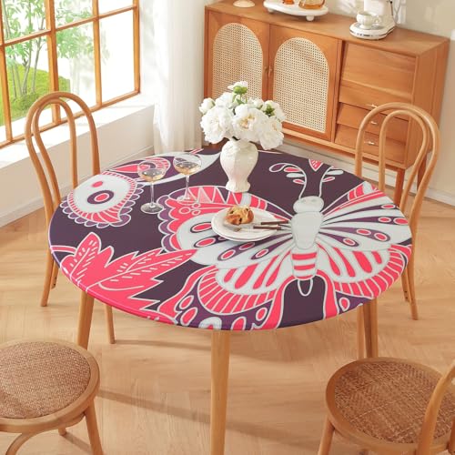 Runde Tischdecke für den Außenbereich – Elastische Kanten – Geometrischer Bohemian-Blumendruck – Kleine wasserdichte runde Tischdecke für Garten Esszimmer (Print 6,80cm) von PEIHUODAN